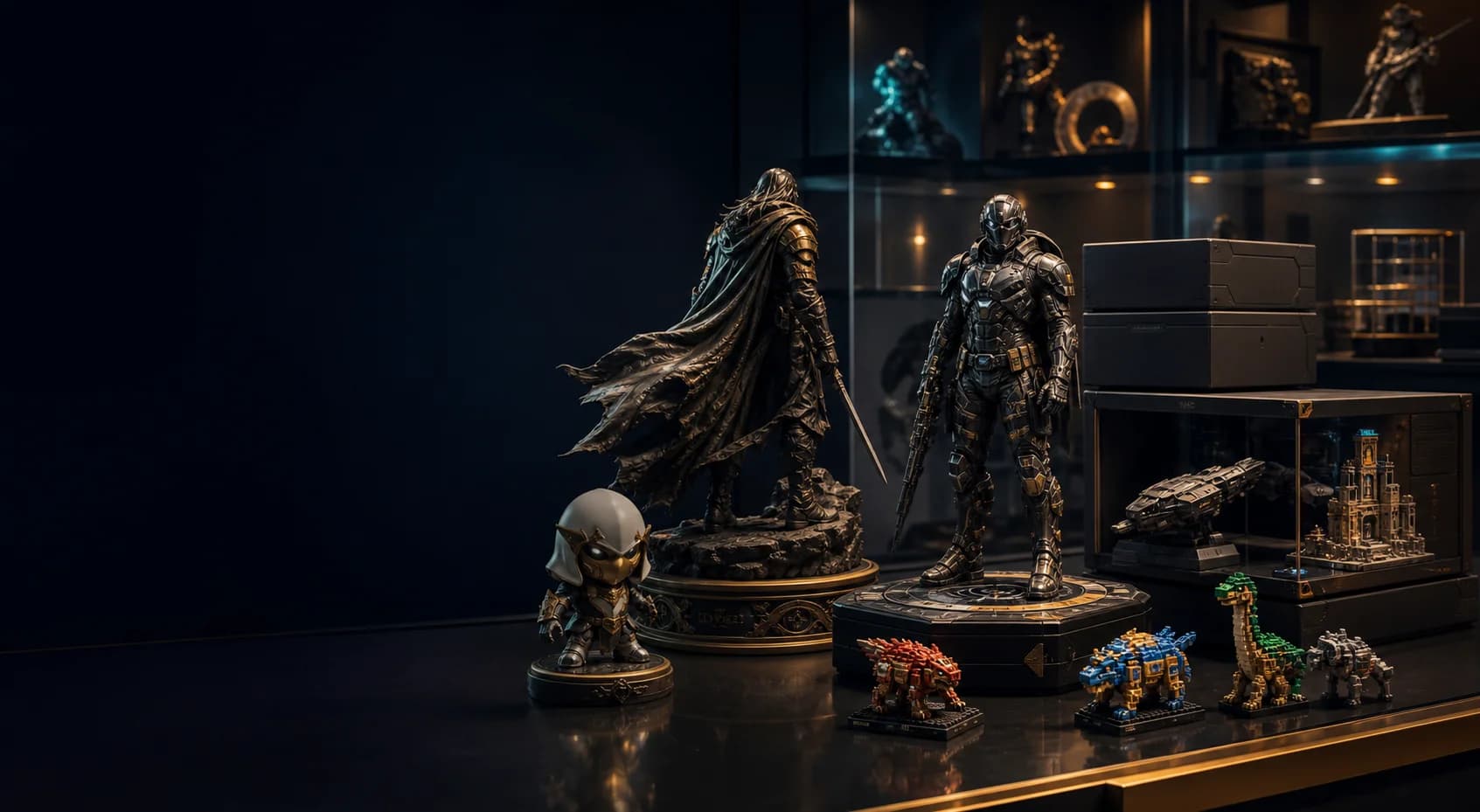 Premium collectible figures and display pieces in a glass collector vault