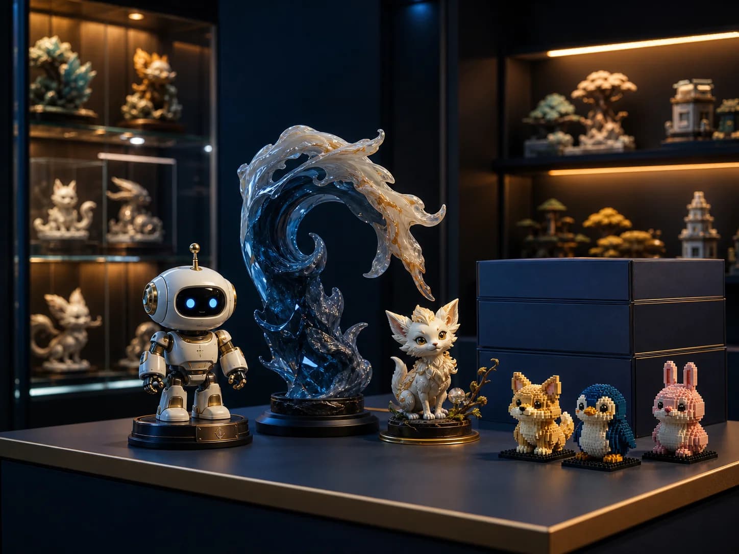 Original collectible figures, miniature builds, and display pieces in a collector studio